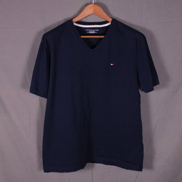 Tommy Hilfiger XL V-Neck T-Shirt Navy Blue Preppy Minimalist Casual Menswear Tee - Picture 1 of 10